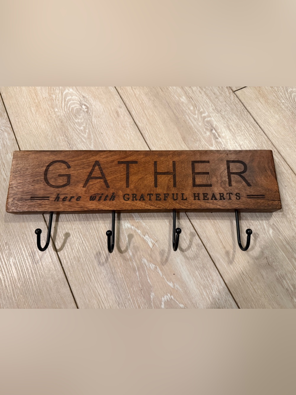 Rustic Brown Wooden Wall Hook Rack with Black Metal Hooks